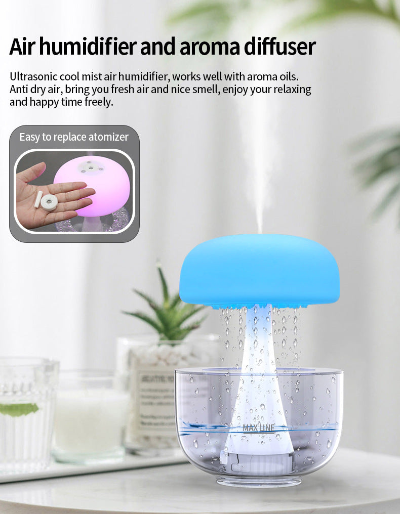 Jellyfish Raindrop Ultrasonic Humidifier with 7-Color LED Night Light and Rain Cloud Effect – USB Powered Aroma Diffuser for Cozy Room Décor
