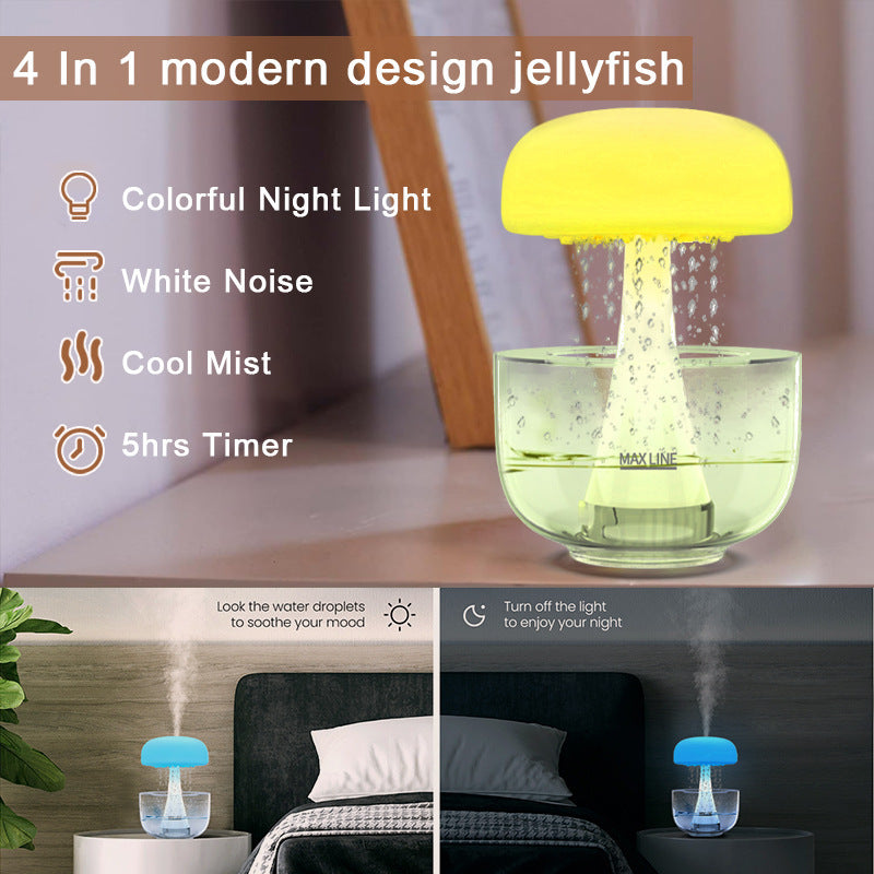 Jellyfish Raindrop Ultrasonic Humidifier with 7-Color LED Night Light and Rain Cloud Effect – USB Powered Aroma Diffuser for Cozy Room Décor