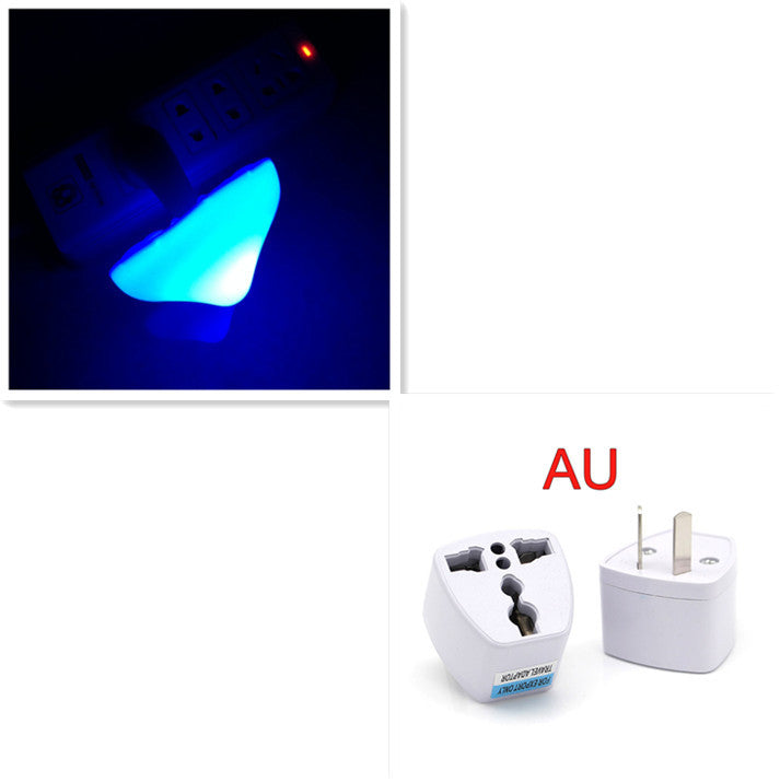 Collage of a blue light-emitting device, an adapter, and a plug with 'AU' label.