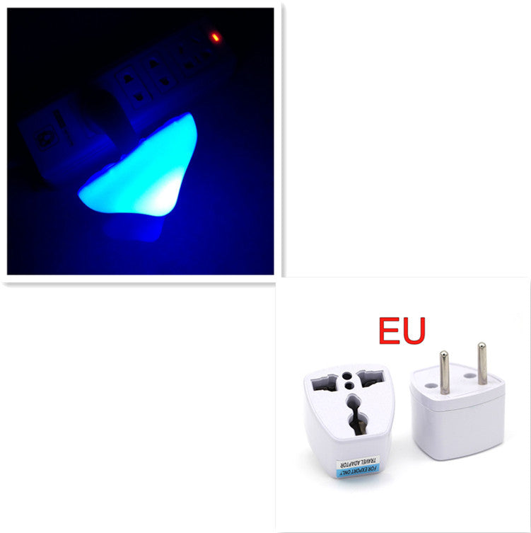 Electric plug adapter with blue light on a black background and two white plugs labeled 'EU' on a white background.