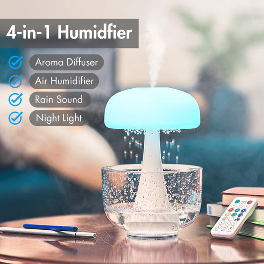 Jellyfish Raindrop Ultrasonic Humidifier with 7-Color LED Night Light and Rain Cloud Effect – USB Powered Aroma Diffuser for Cozy Room Décor