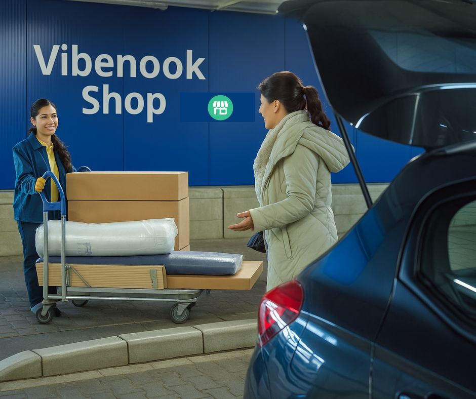 Two women with a cart of boxes in front of a store named 'Vibenook Shop'.